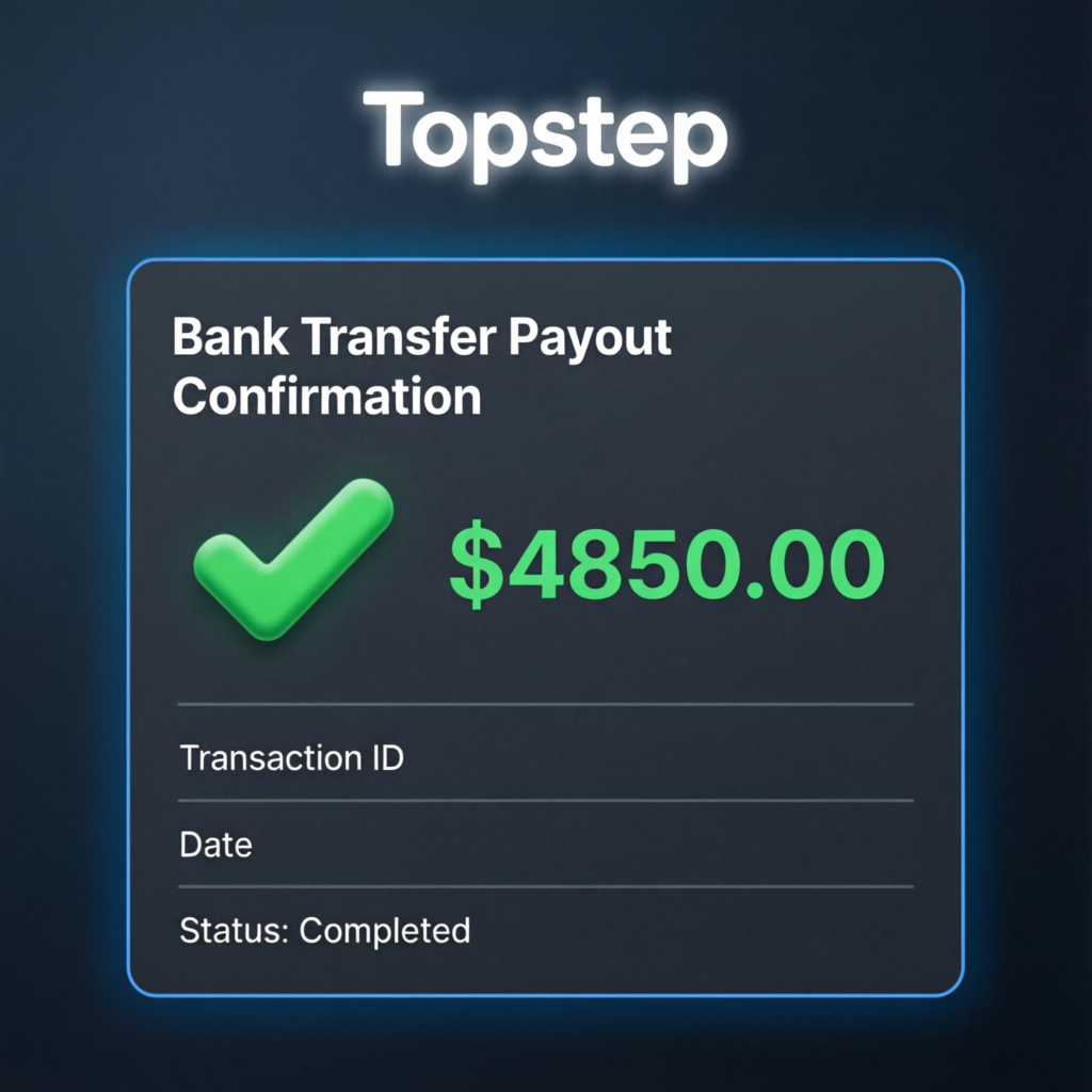 Topstep Bank Transfer Payout Confirmation showing $4,850.00 successfully transferred - Topstep withdrawal proof evidence