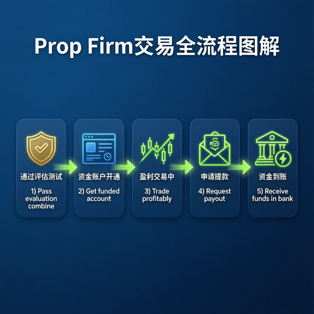 Prop firm trading journey infographic showing pass evaluation combine, get funded account, trade profitably, request payout, receive funds in bank
