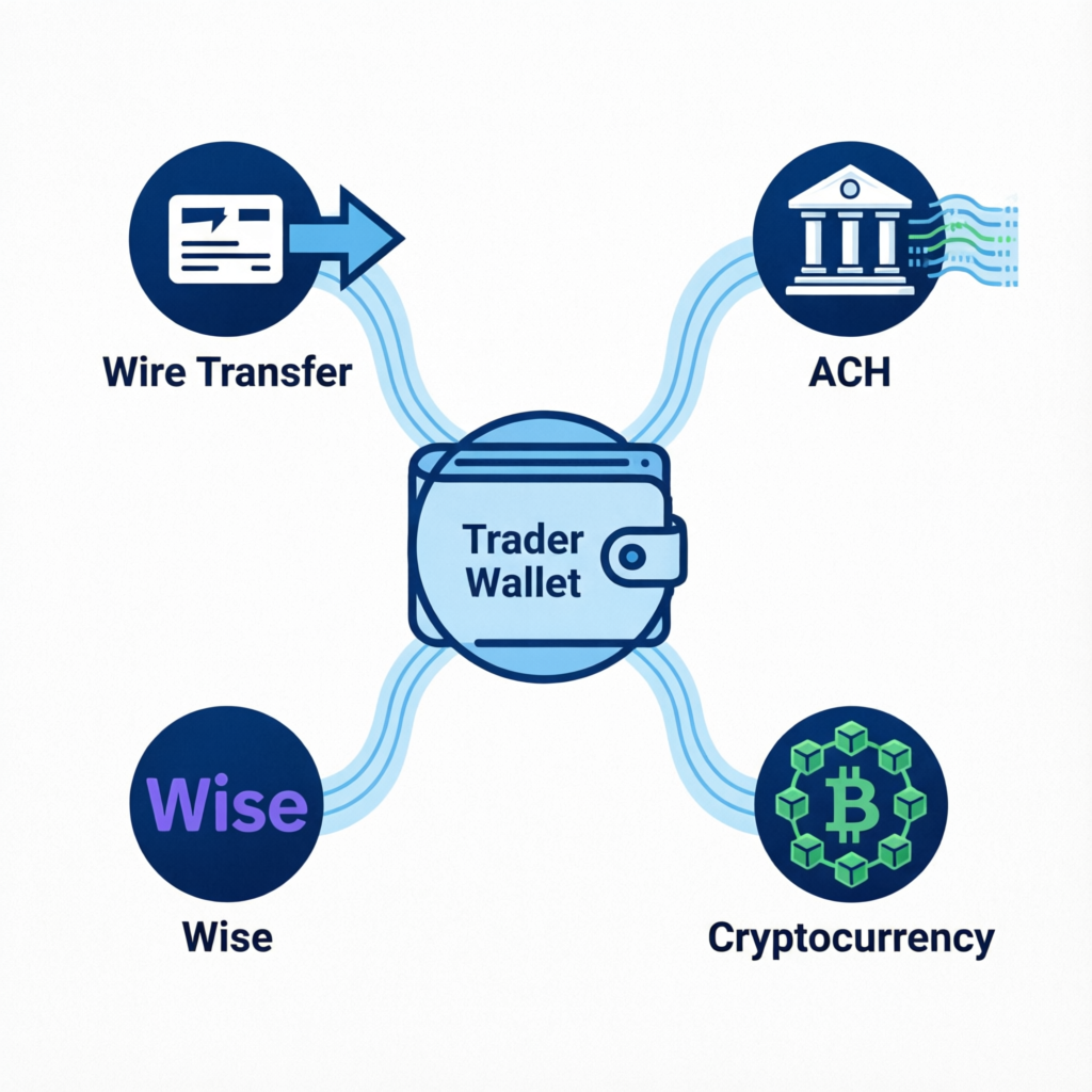Topstep payment methods diagram showing Wire Transfer, ACH, Wise, and Cryptocurrency payment options for funded traders