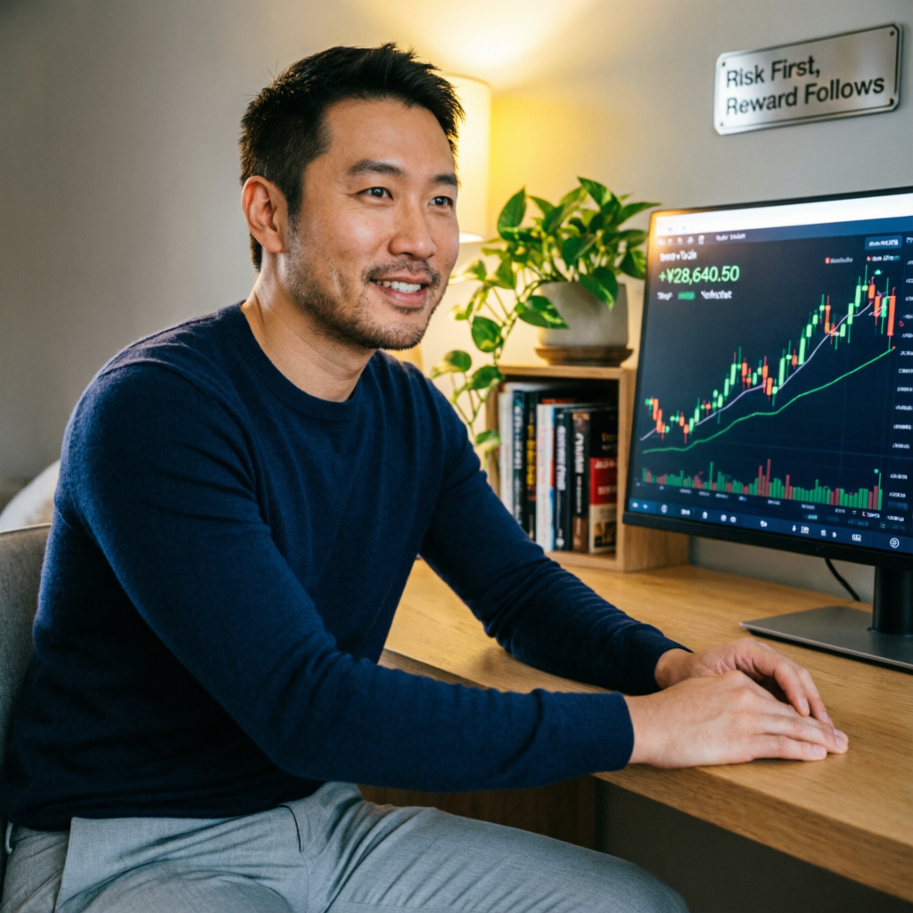 Successful trader celebrating funded account results with positive trading profits on screen
