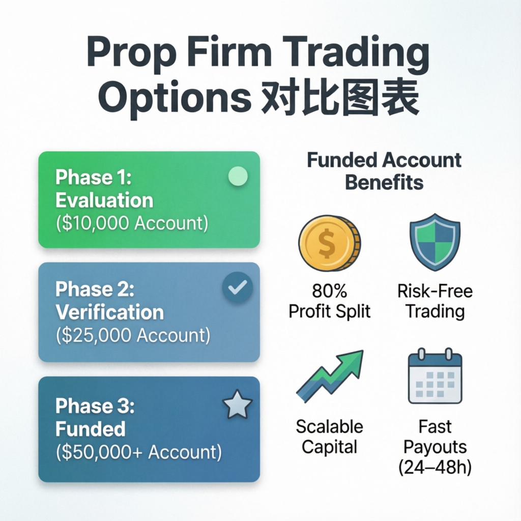 Prop firm trading options comparison showing evaluation phases and funded account benefits