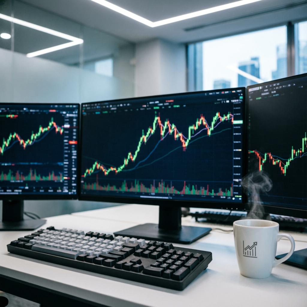 Professional futures trading desk with multiple monitors showing candlestick charts