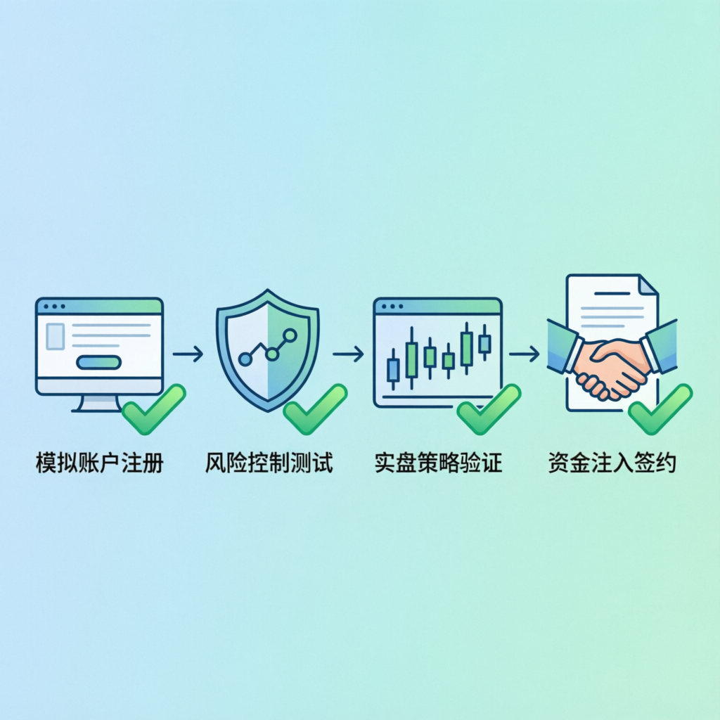Prop firm evaluation process illustration showing phases from registration to funded account