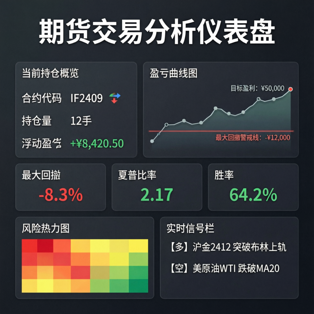 Futures trading analysis dashboard showing metrics, profit targets, drawdown tracking and risk management