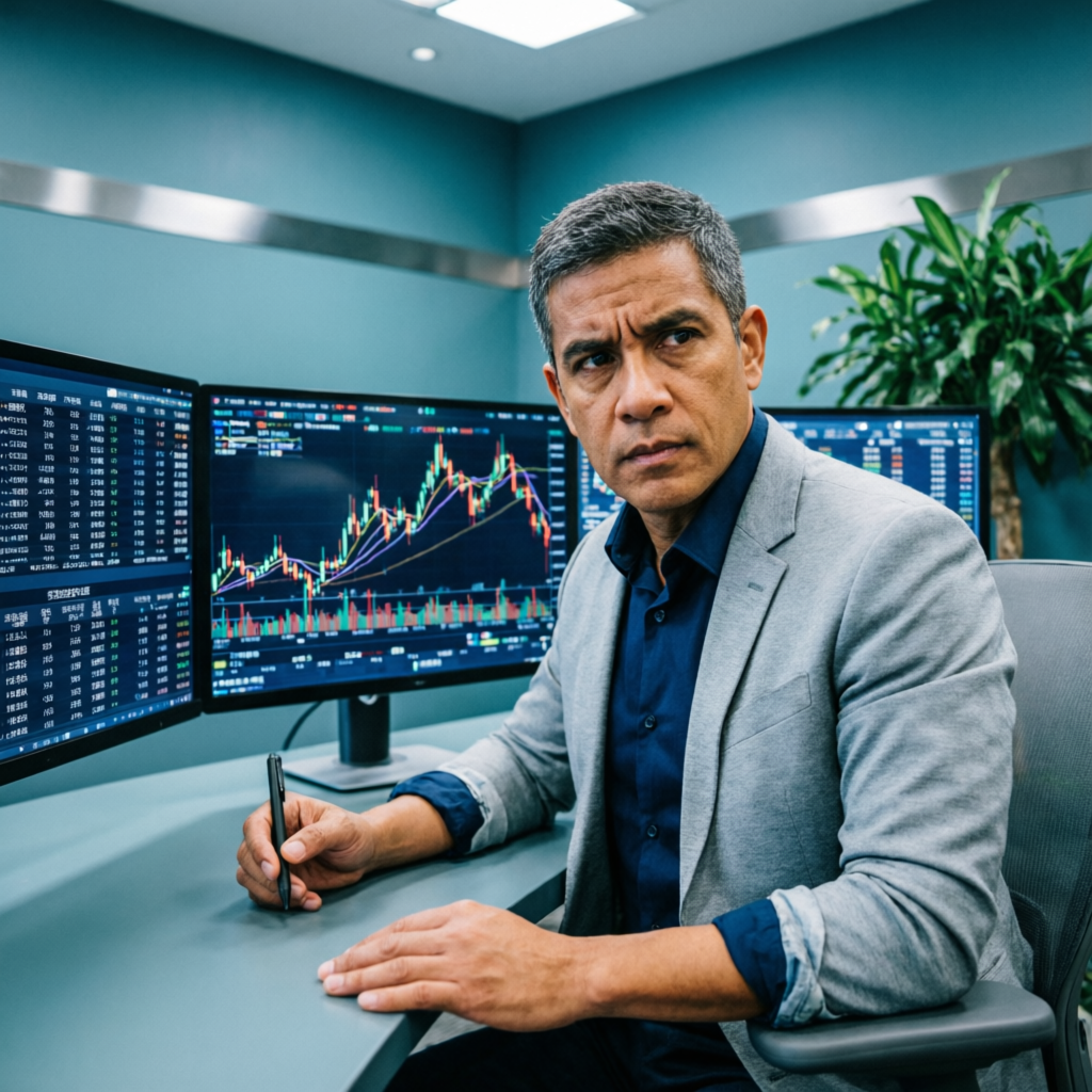Professional experienced trader analyzing futures market charts on multiple monitors