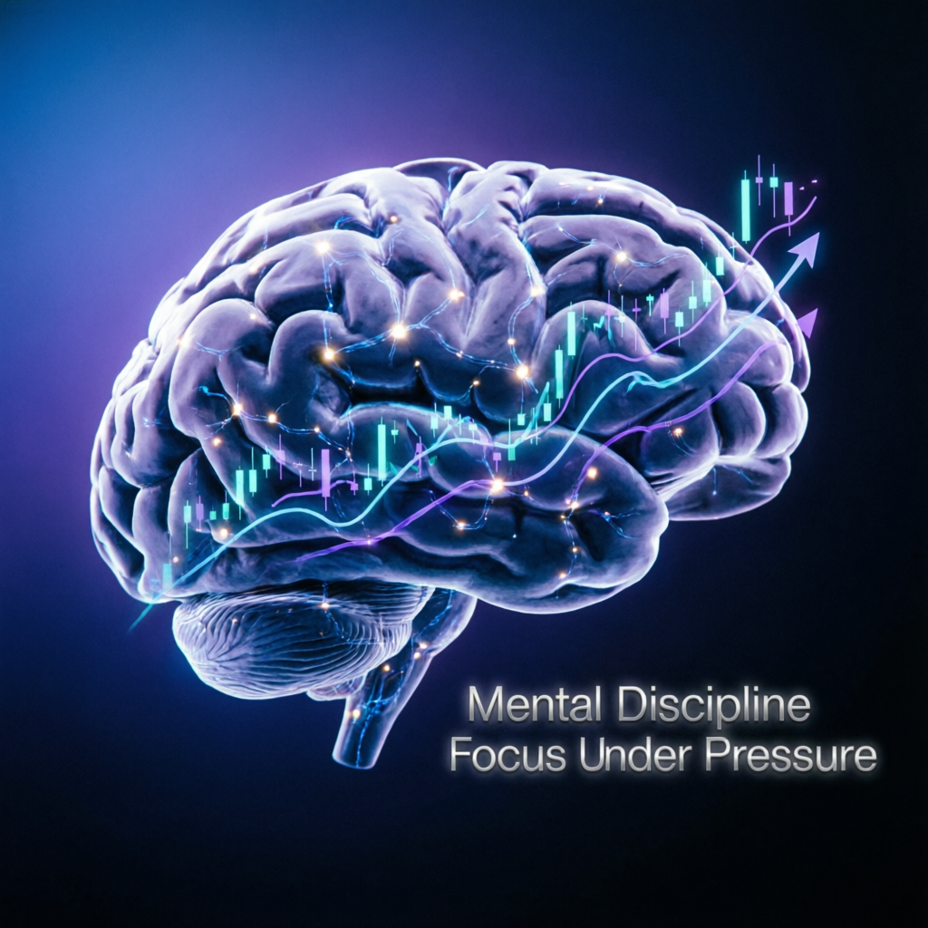 Trading psychology and mental discipline concept with brain and financial charts