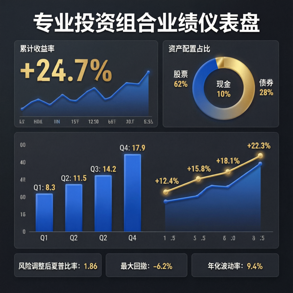 Professional portfolio performance dashboard showing verified trading results and profit growth