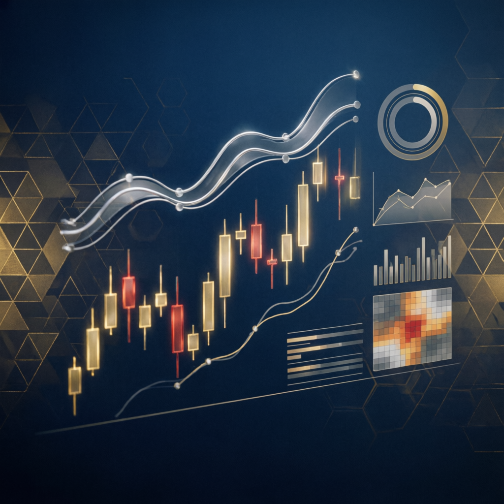 Advanced financial technology background with candlestick charts representing prop firm challenge analysis