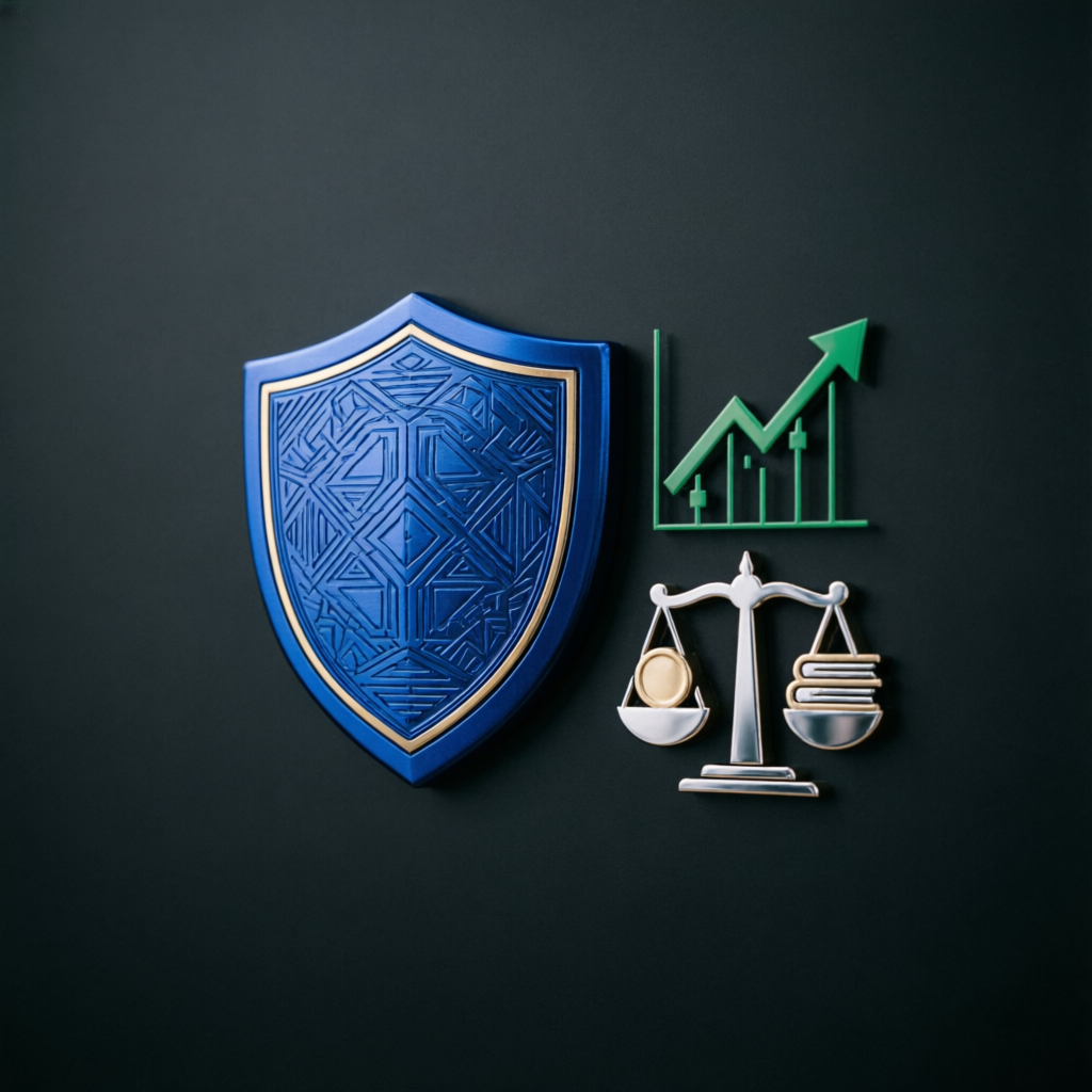 Risk management and financial security concept with shield and growth charts
