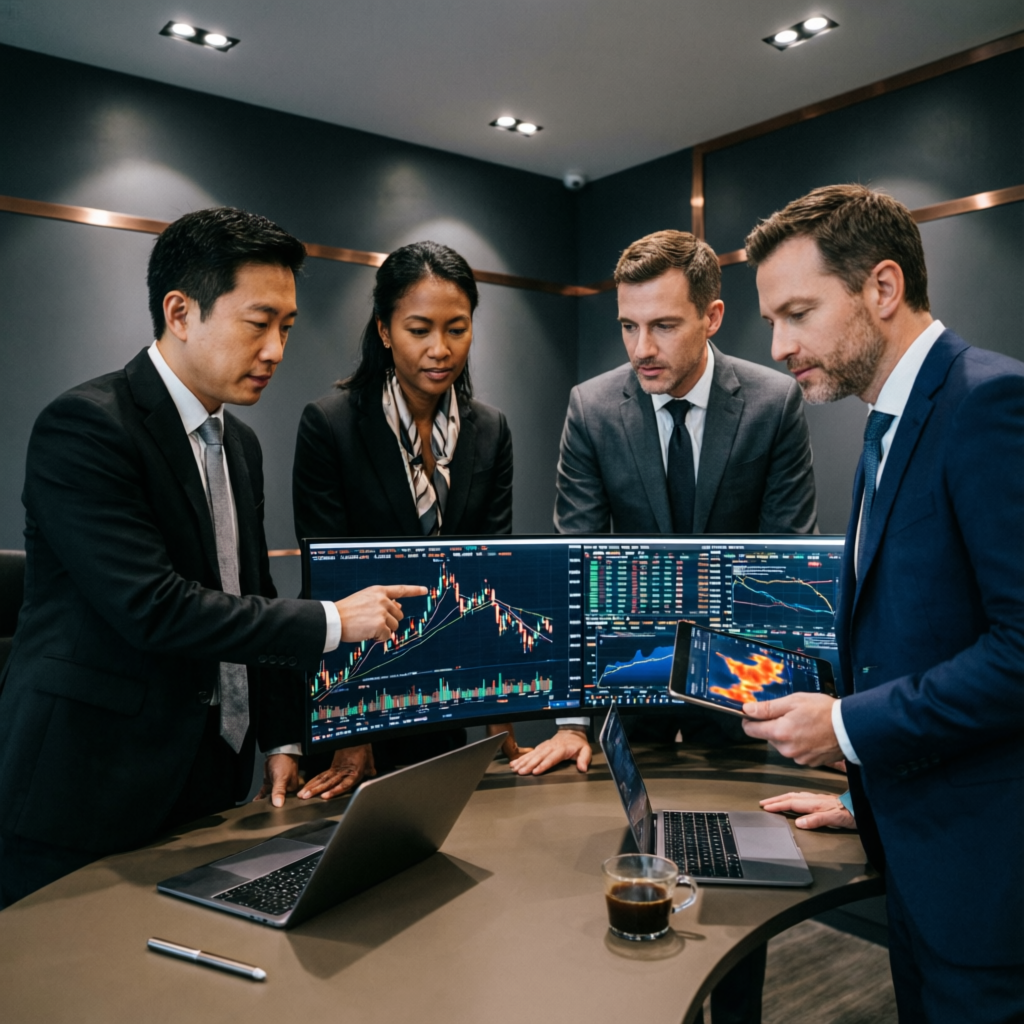 Professional trading team analyzing prop firm challenges and funded account strategies