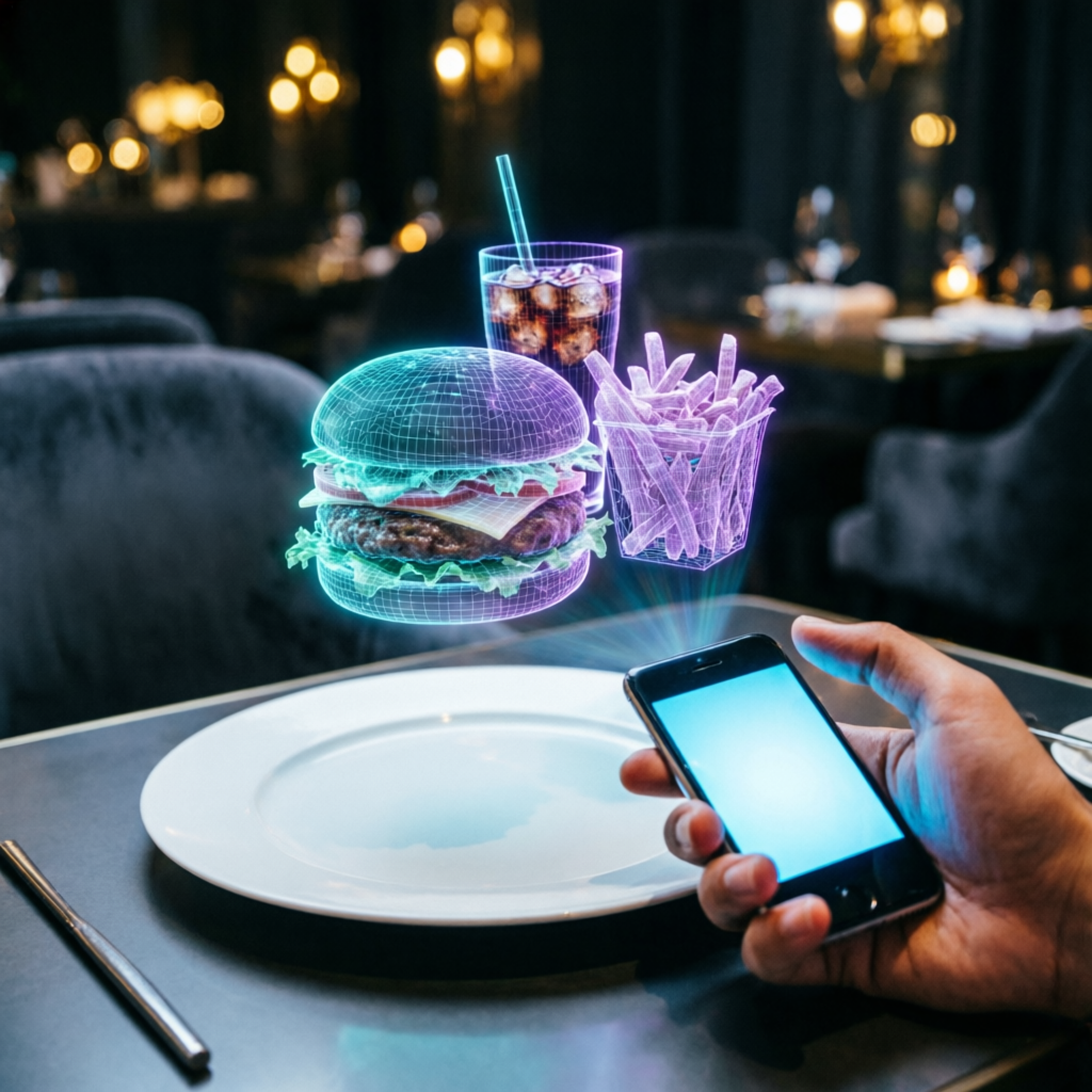 Smartphone displaying an augmented reality hologram of a burger meal above a restaurant table
