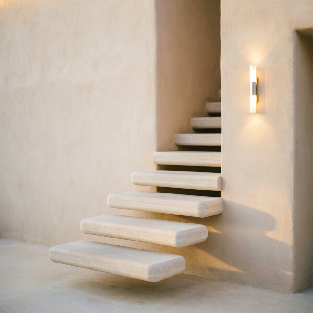 Floating stone staircase beside a plaster wall with one warm vertical wall light
