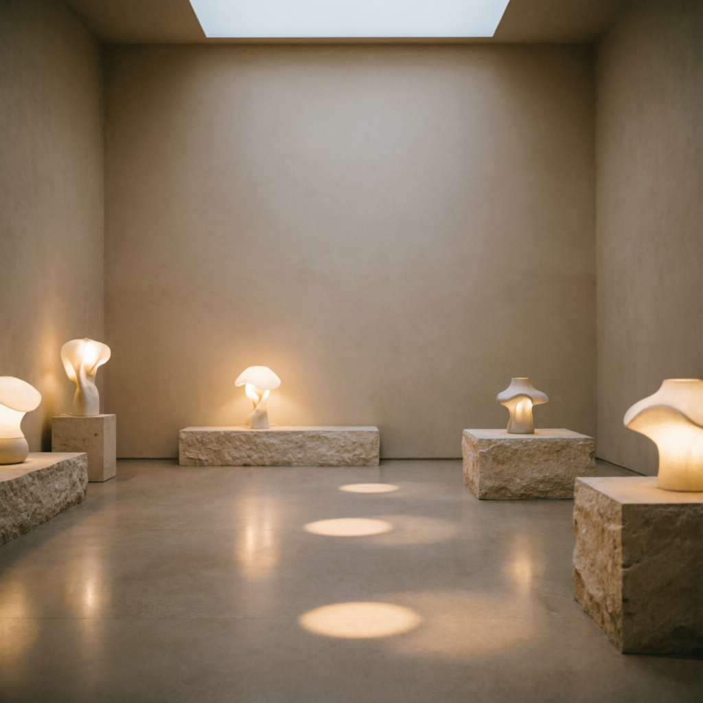 Minimal showroom with travertine pedestals, glowing lamps and an empty plaster wall for signage