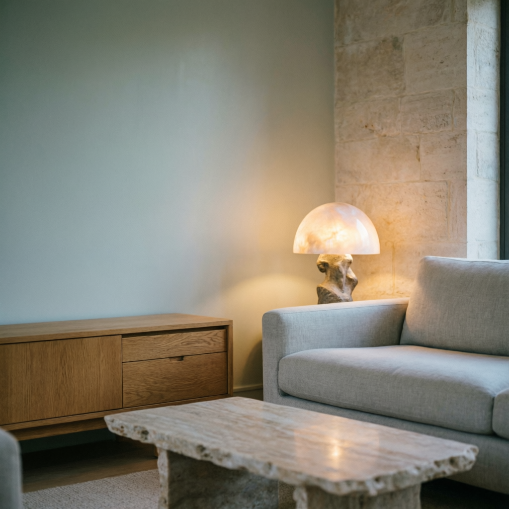 Warm residential interior at evening with a sculptural opal glass table lamp, oak sideboard and travertine table