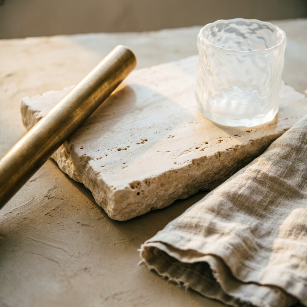 Brushed brass rod on travertine