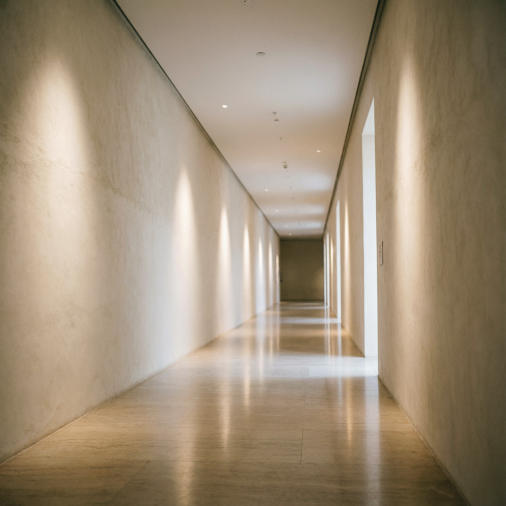 Long gallery corridor with rhythmic warm wall washing on plaster