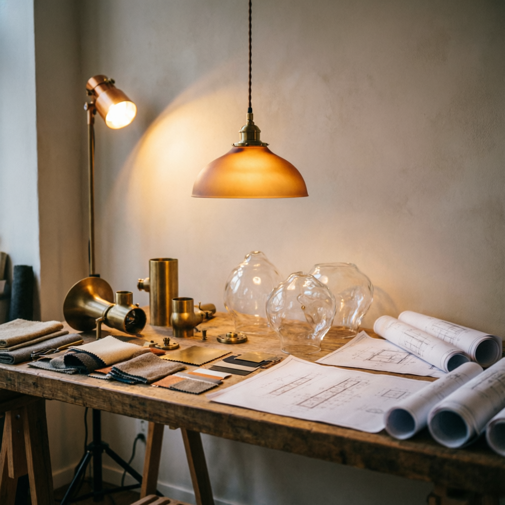 Lighting design studio workbench with brass components, glass globes, drawings and a lit prototype pendant