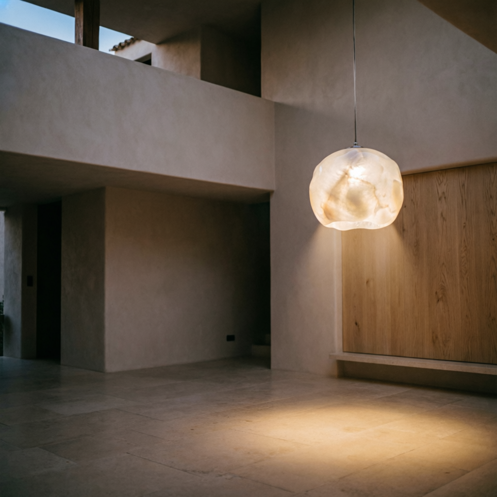 Double-height minimalist interior at dusk with a single glowing opal glass pendant over a travertine plinth