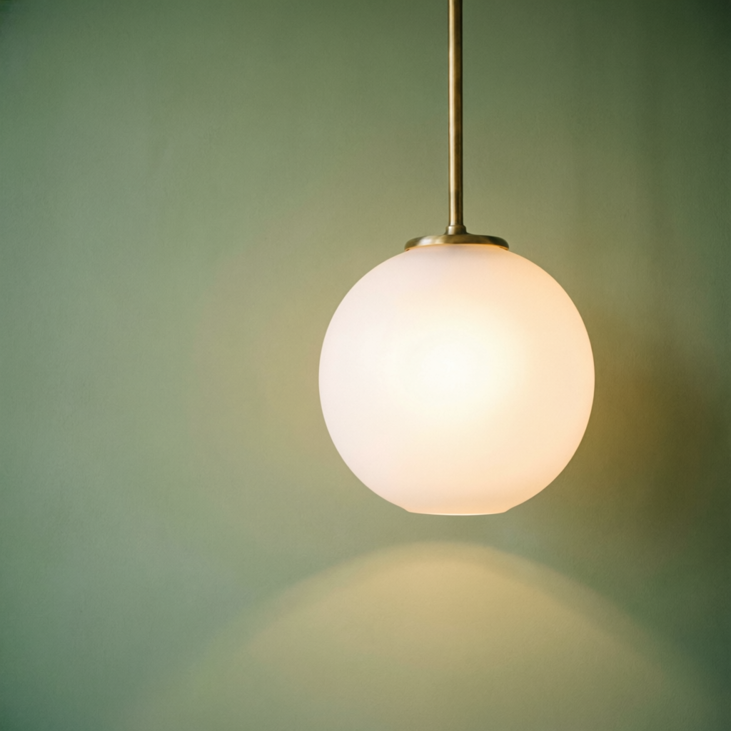ORBE 01 pendant: glowing opal glass sphere on a brushed brass stem against a moss plaster wall