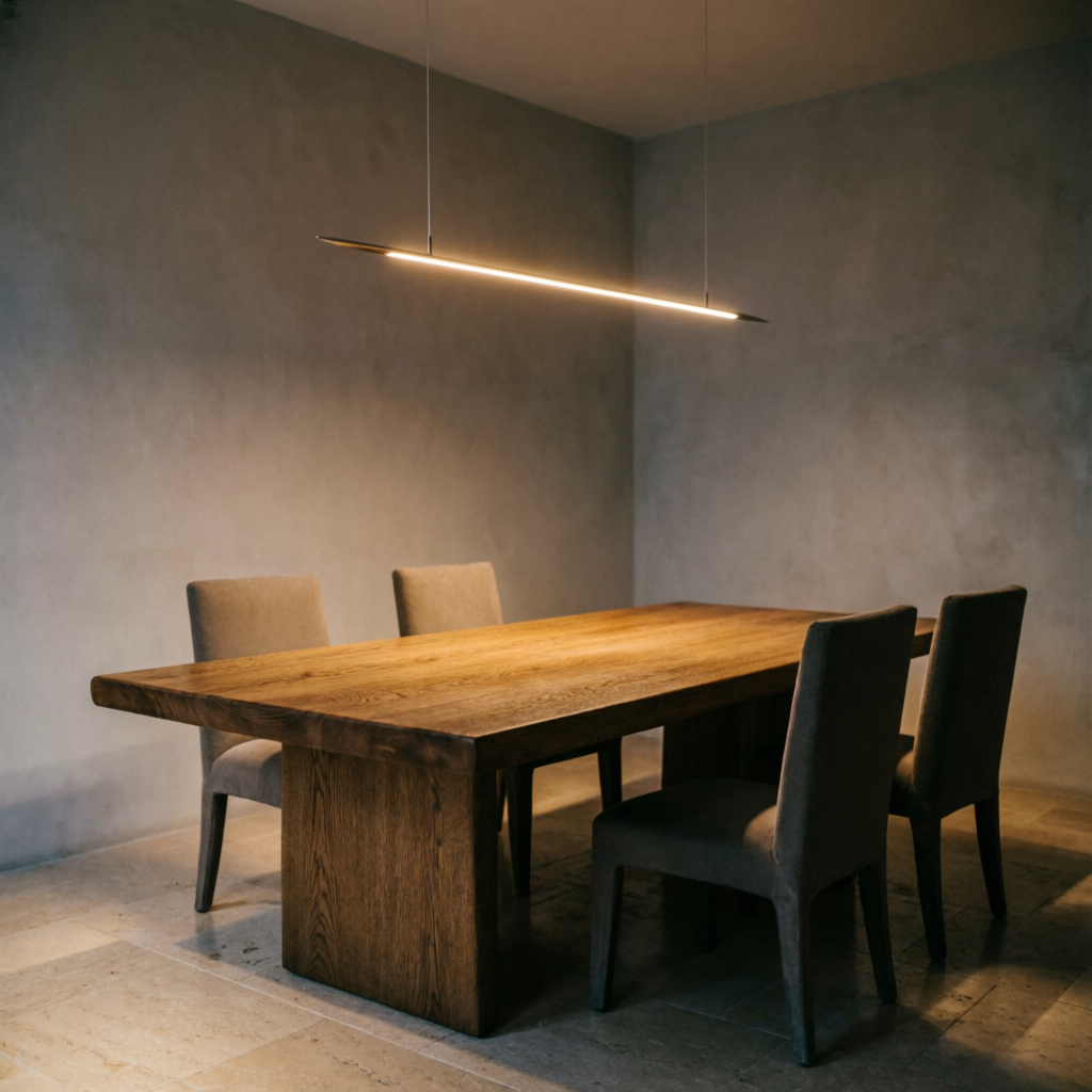 Dining room at dusk with a slim linear pendant glowing above an oak table