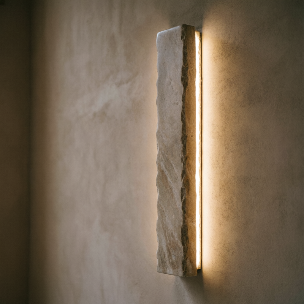 STELE 03 wall column: honed travertine with a concealed warm LED line