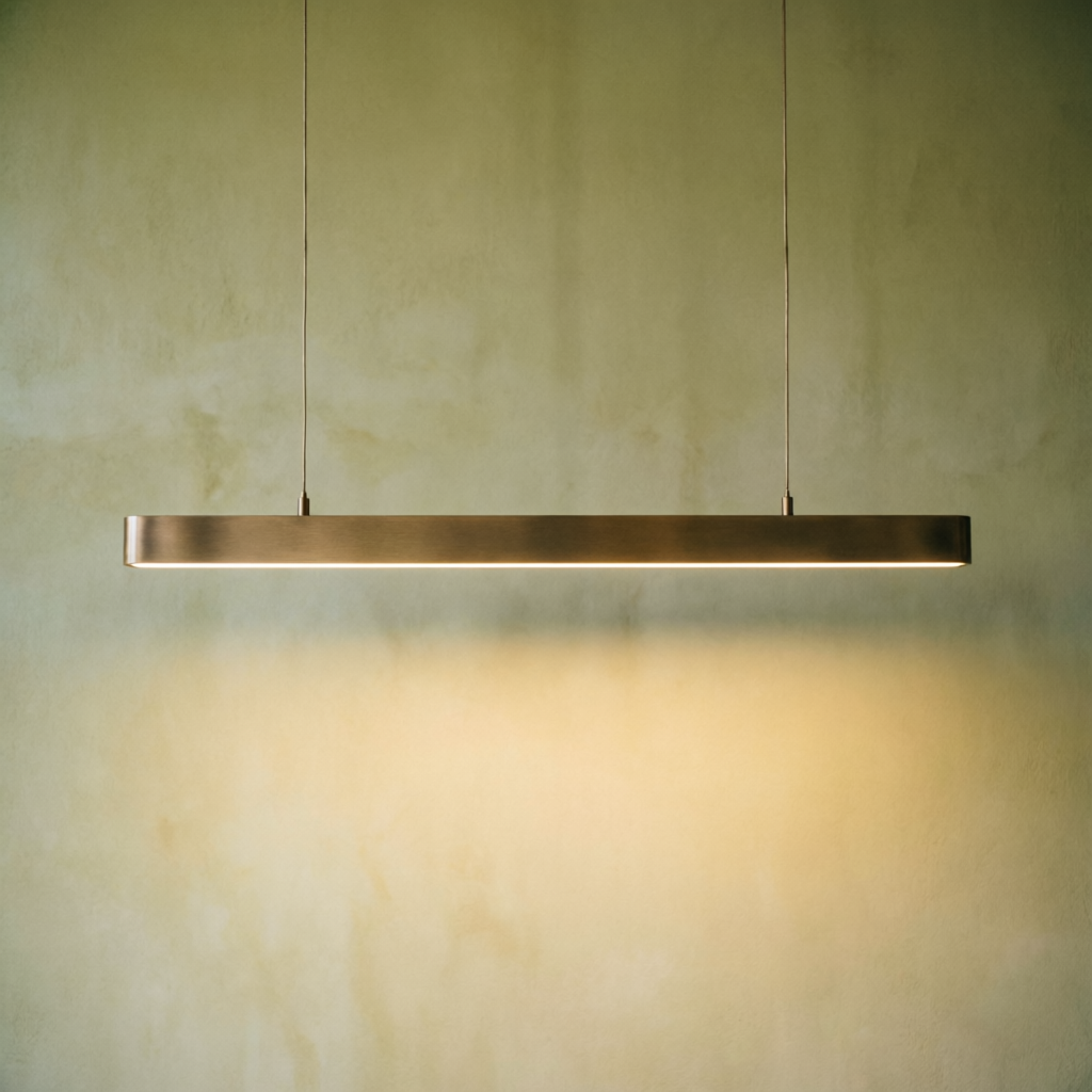 LINEA 02 linear pendant: slim brushed bronze bar with a warm light line against plaster