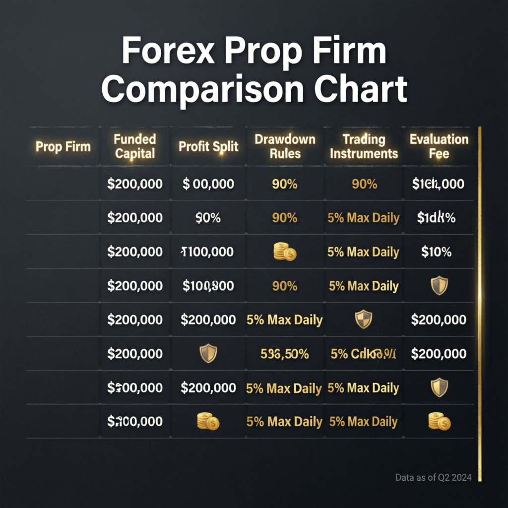 Forex prop firm comparison chart showing different firms features and benefits