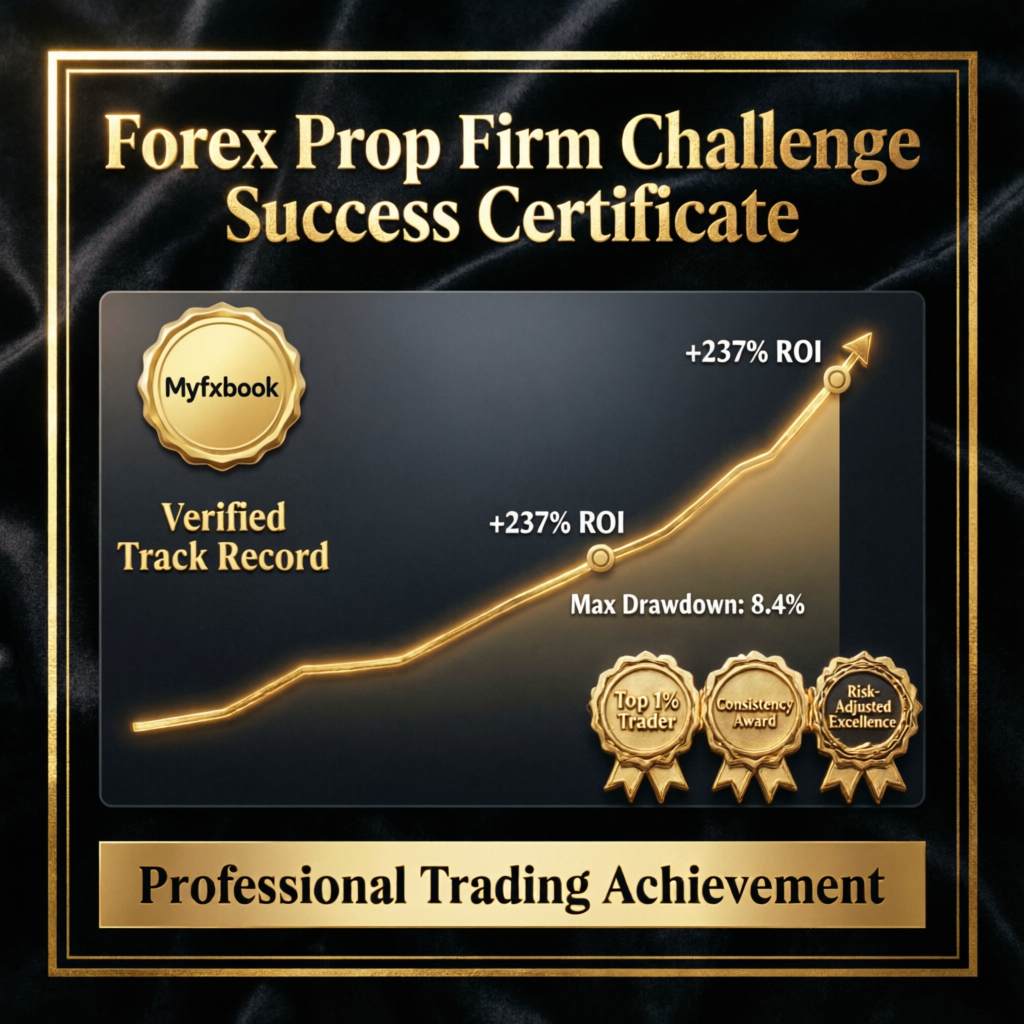 Forex prop firm challenge success certificate with verified track record and trading achievement awards