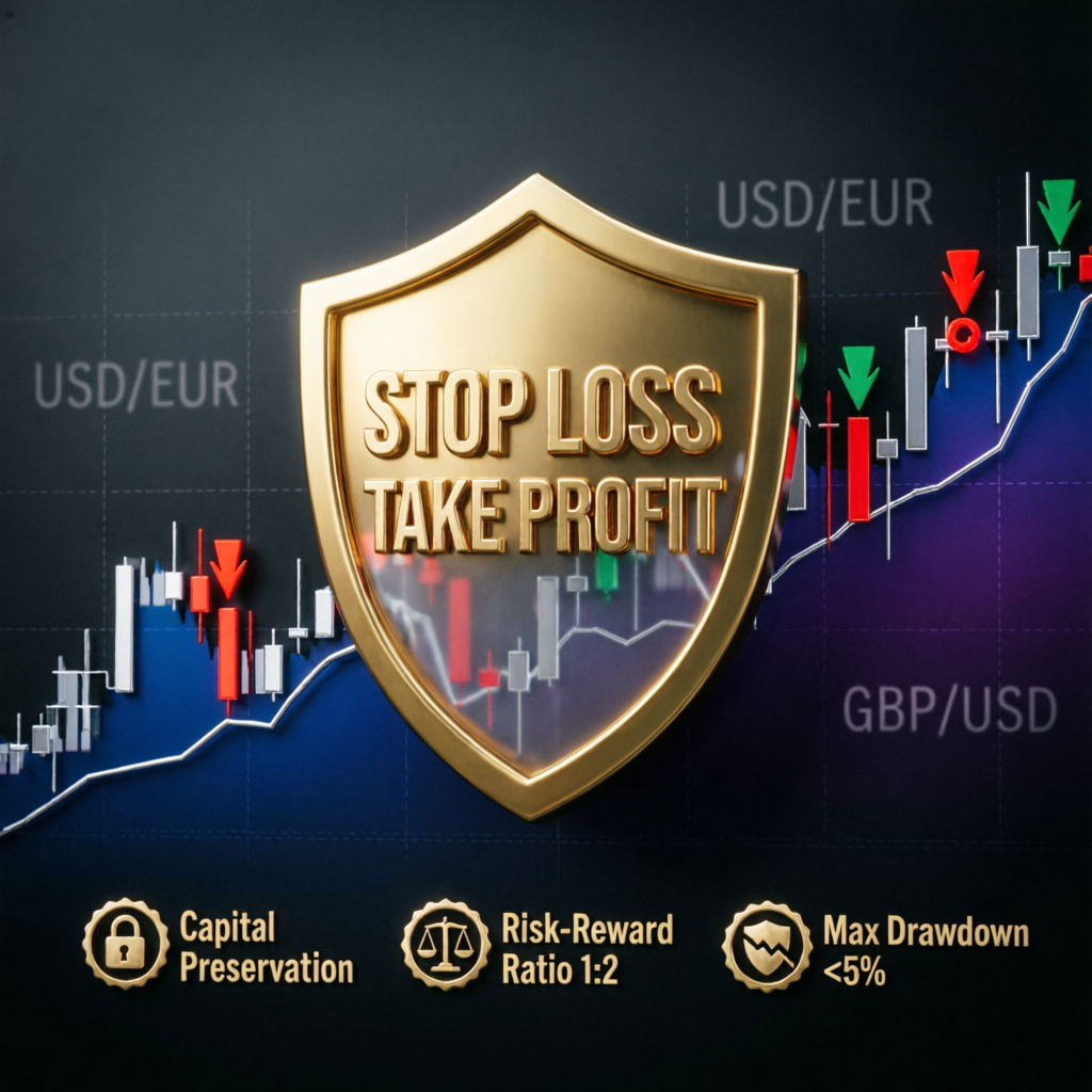 Risk management visualization with stop loss take profit shield protecting trading capital