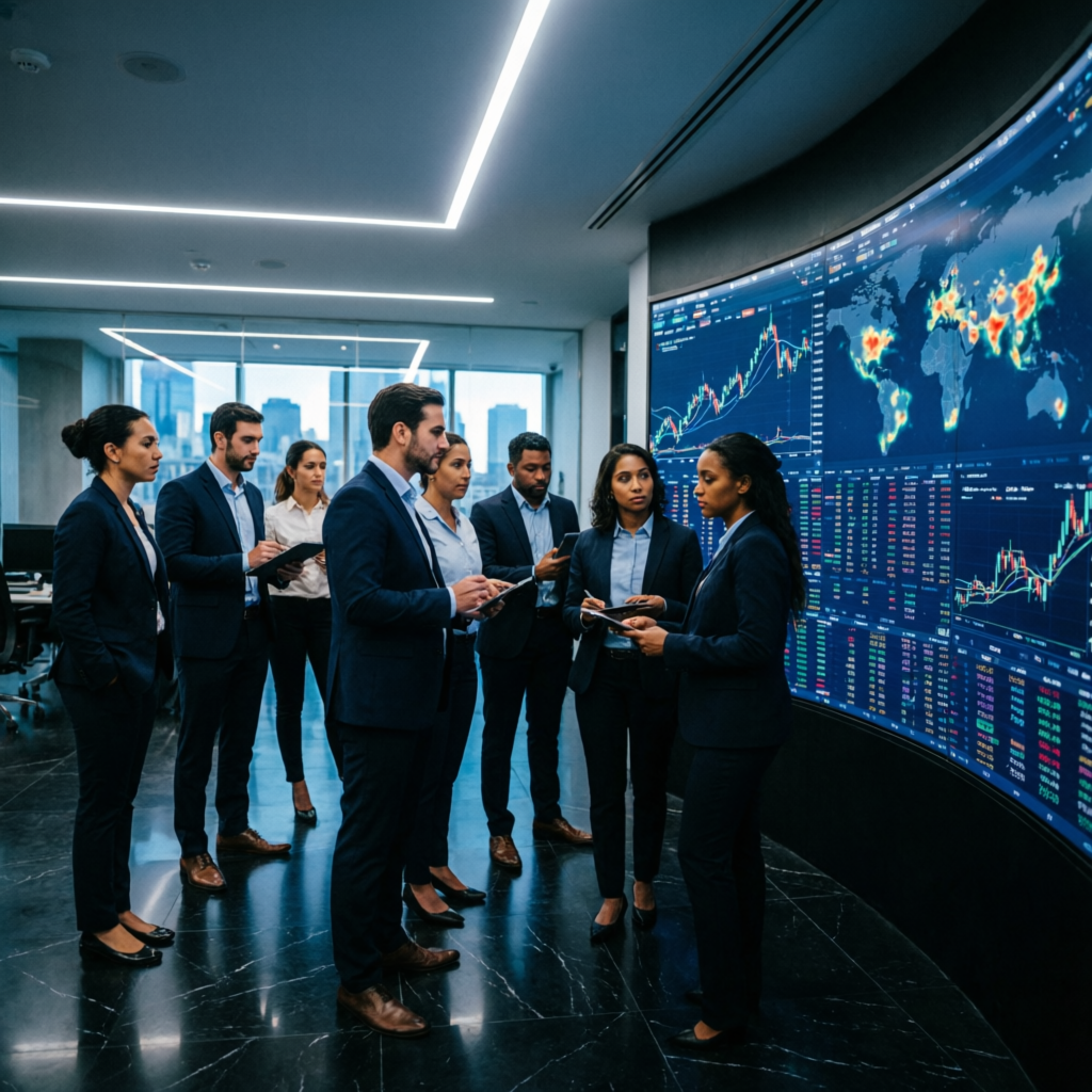 Professional team of forex traders collaborating in modern trading room at PFM Capitals