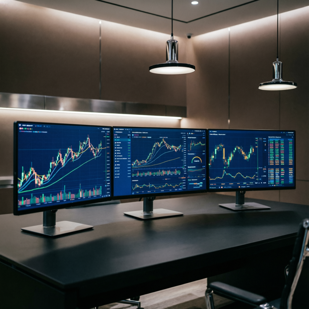 Professional trading setup with multiple monitors displaying forex charts and analysis at PFM Capitals