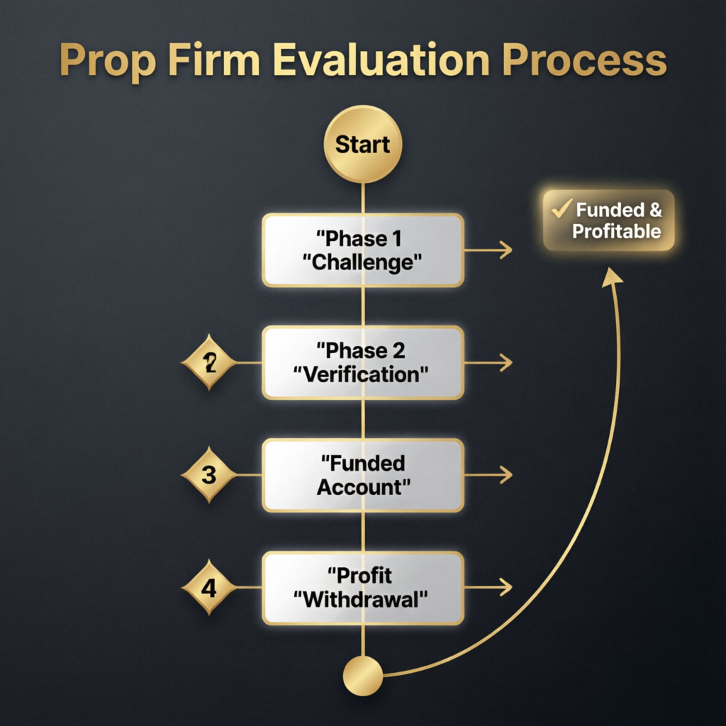 Prop firm evaluation process flowchart showing challenge phases to funded account