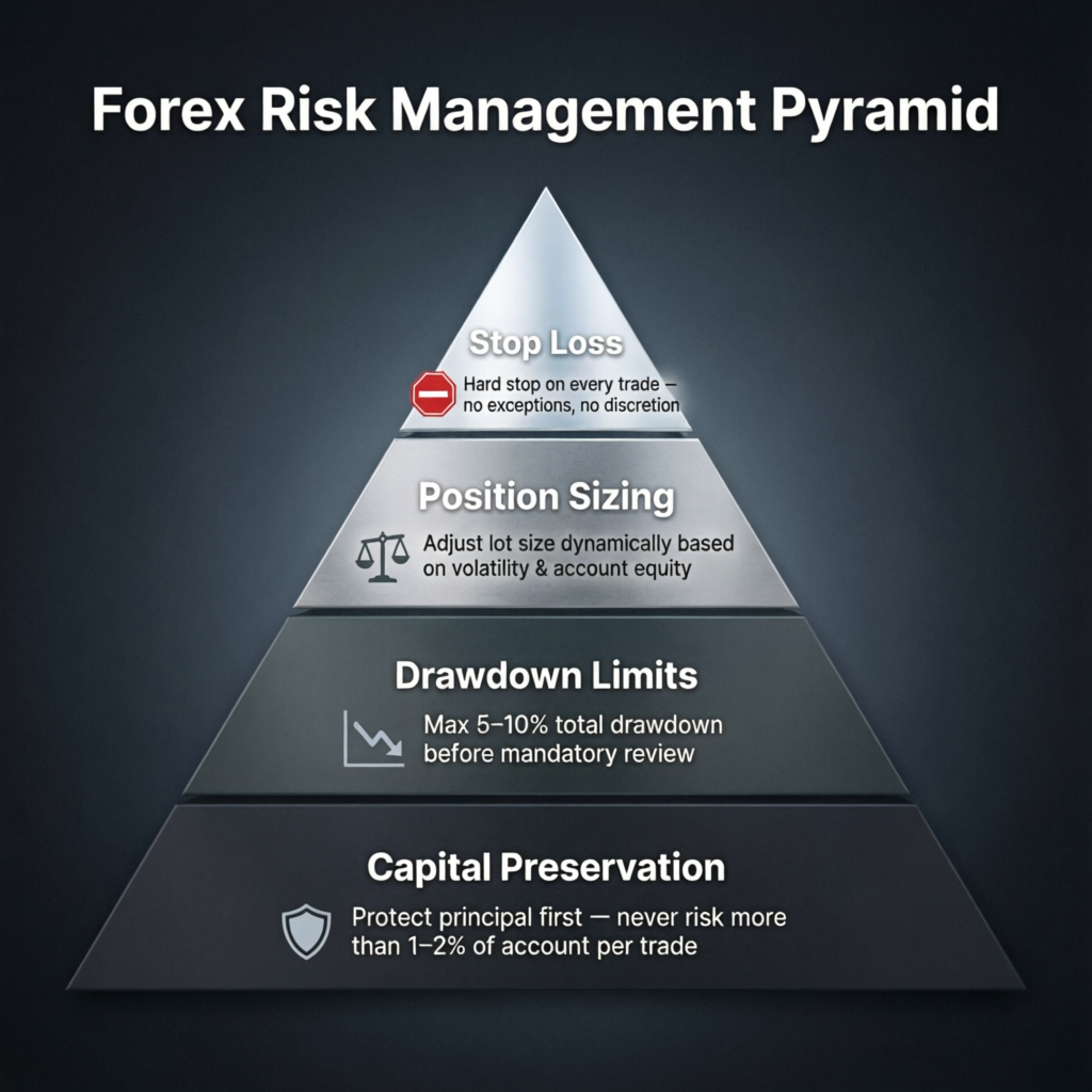 Forex risk management pyramid showing layered protection for prop firm trading