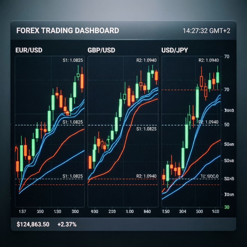 Forex trading dashboard with multiple currency pair charts and technical indicators