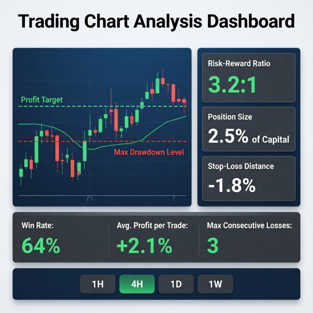 Trading chart analysis dashboard showing profit targets and risk management metrics