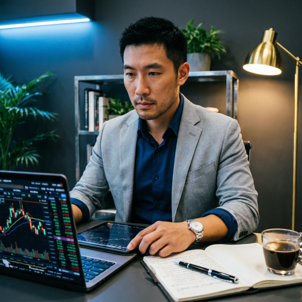 Professional forex trader analyzing trading charts on laptop and tablet for prop firm challenge