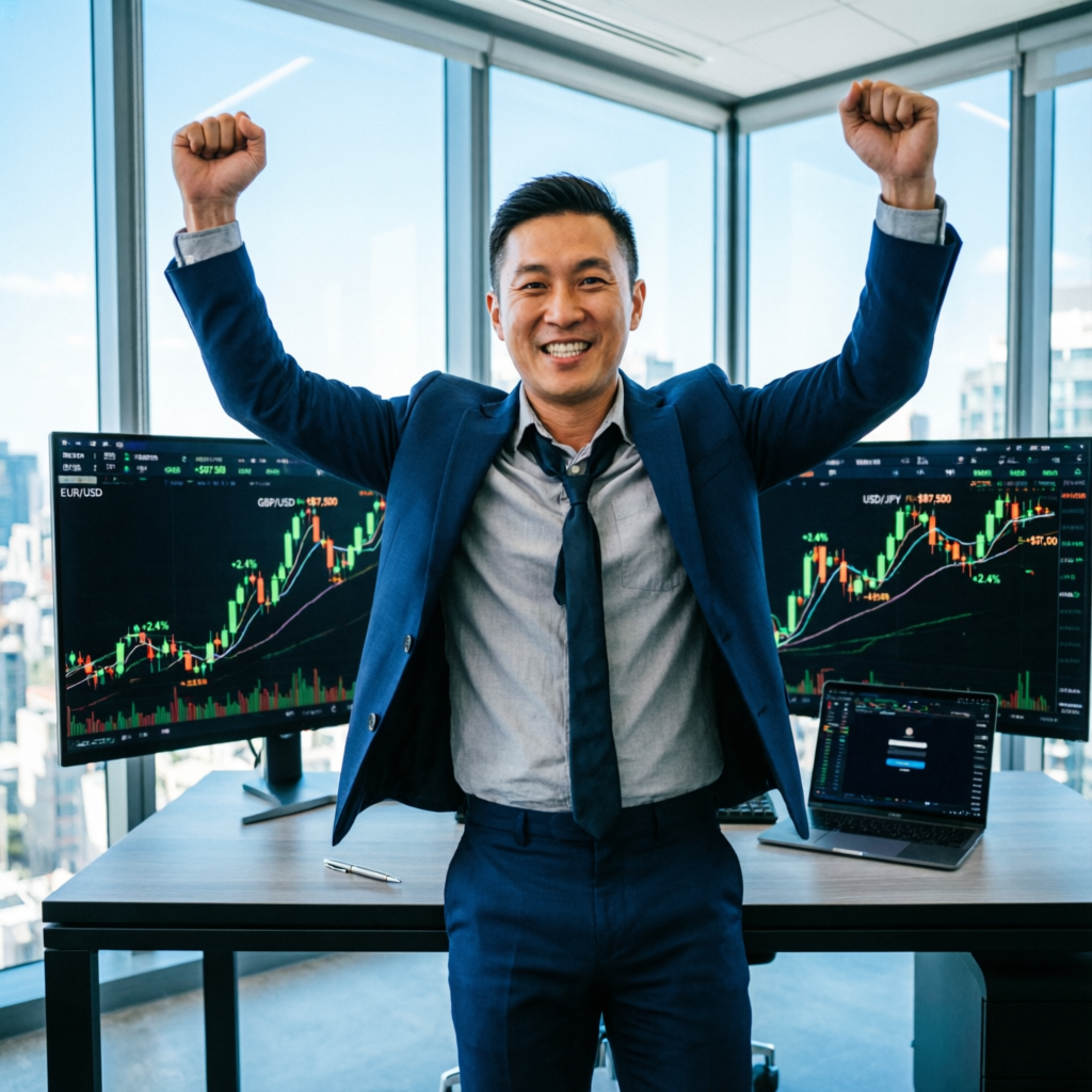 Successful trader celebrating prop firm challenge completion with profit charts
