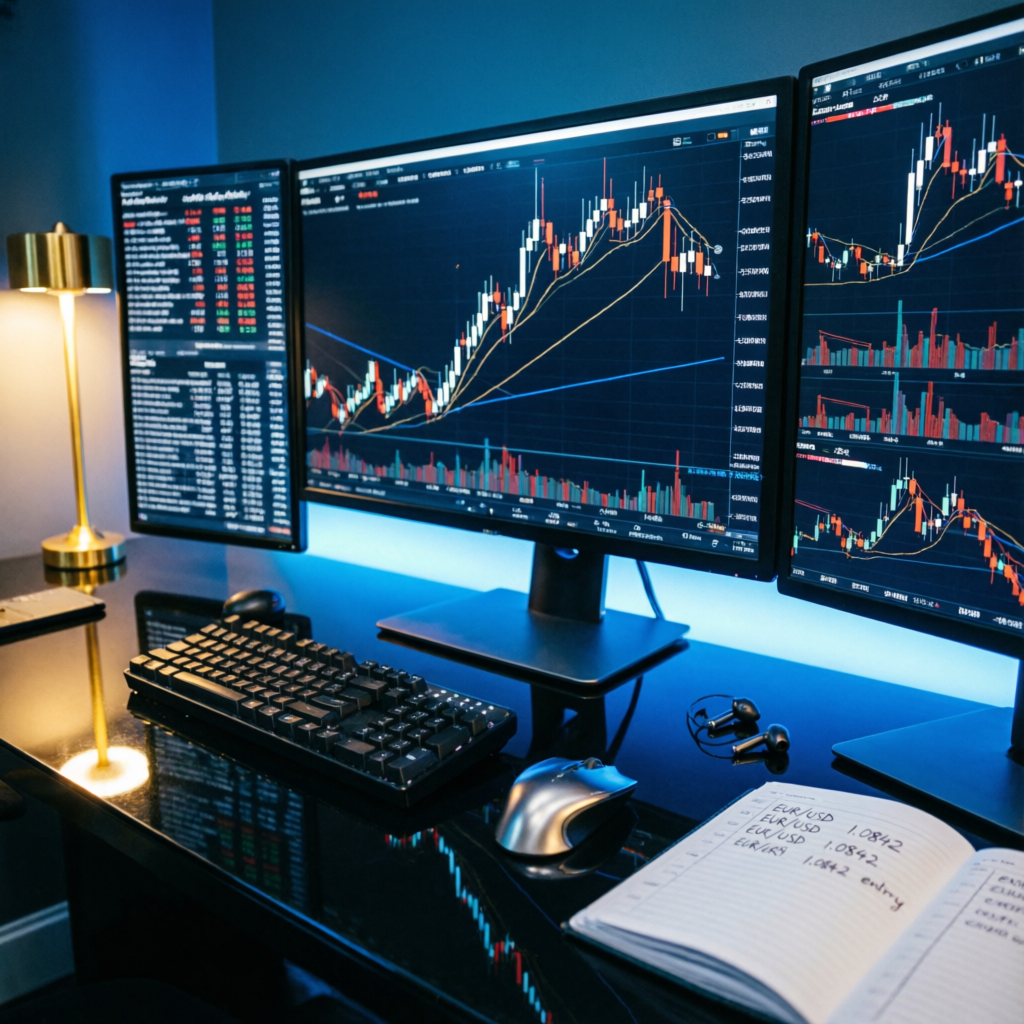 Professional forex trading setup with multiple monitors showing trading charts and financial data
