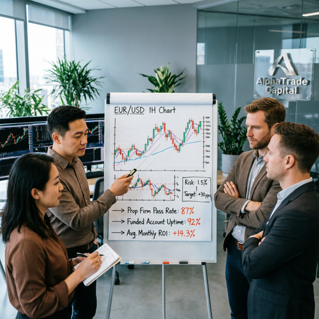 Professional trading team discussing prop firm passing strategies in modern office