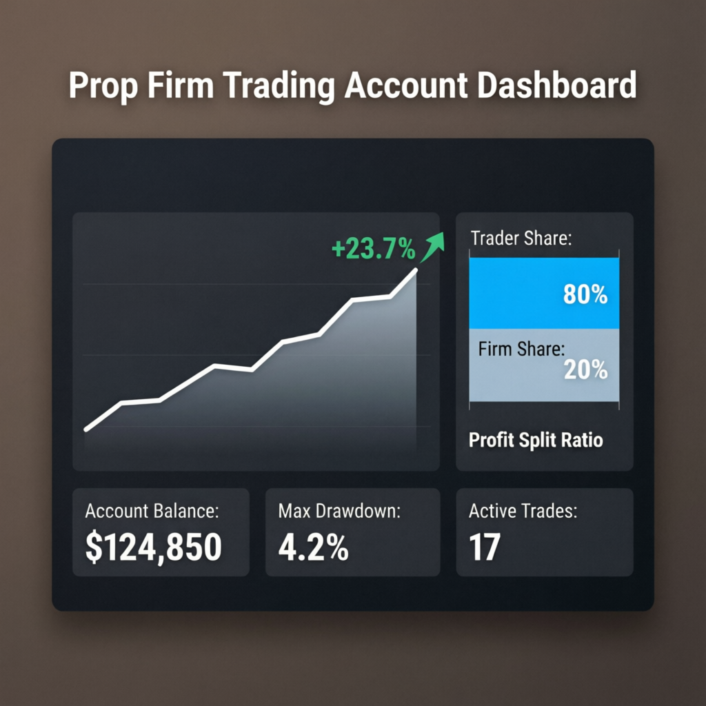Prop firm trading account dashboard showing equity curve and profit metrics
