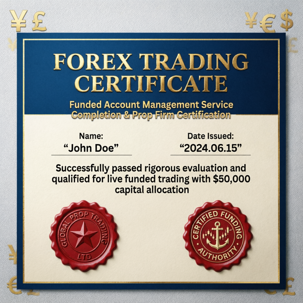 Forex trading certificate showing successful prop firm challenge completion