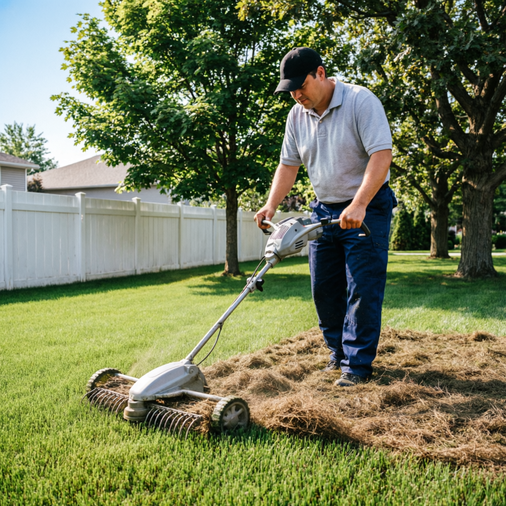 Professional landscaper dethatching a residential lawn in Richmond Hill