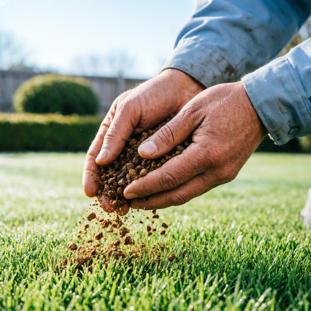 Landscaper applying fertilizer