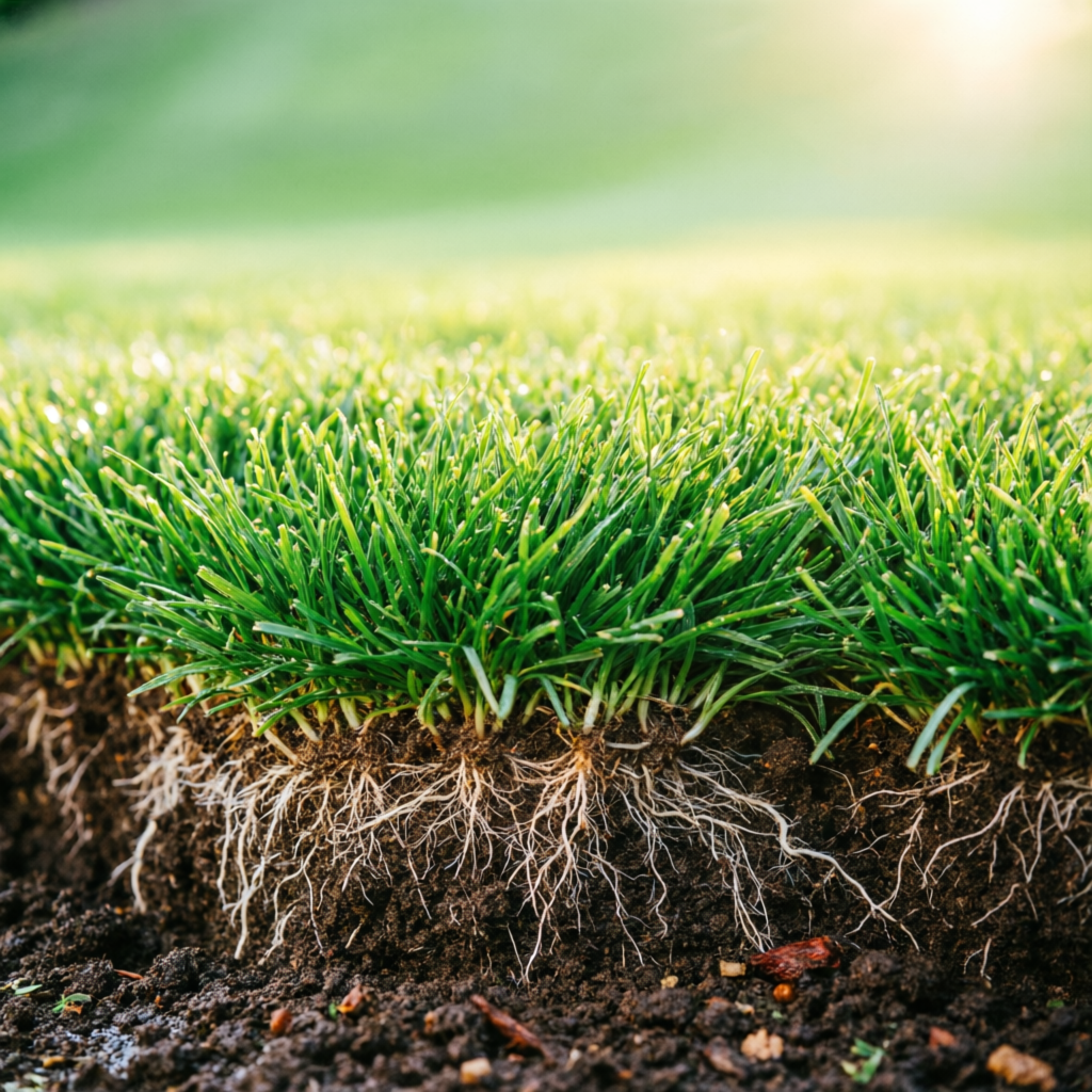 Healthy aerated lawn with strong roots