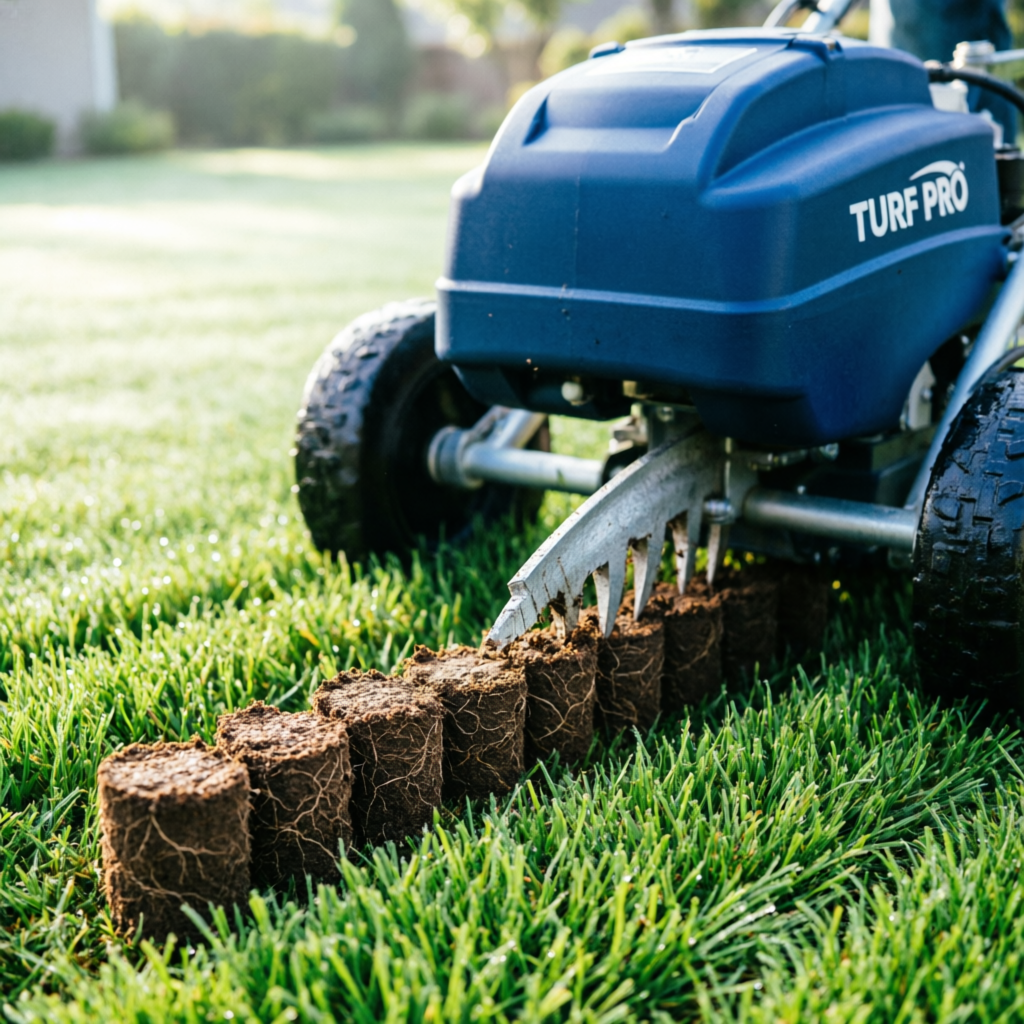 Core aeration machine removing soil plugs