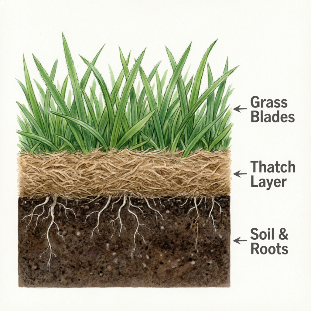 Lawn thatch layer cross section diagram showing grass blades, thatch layer, and soil roots
