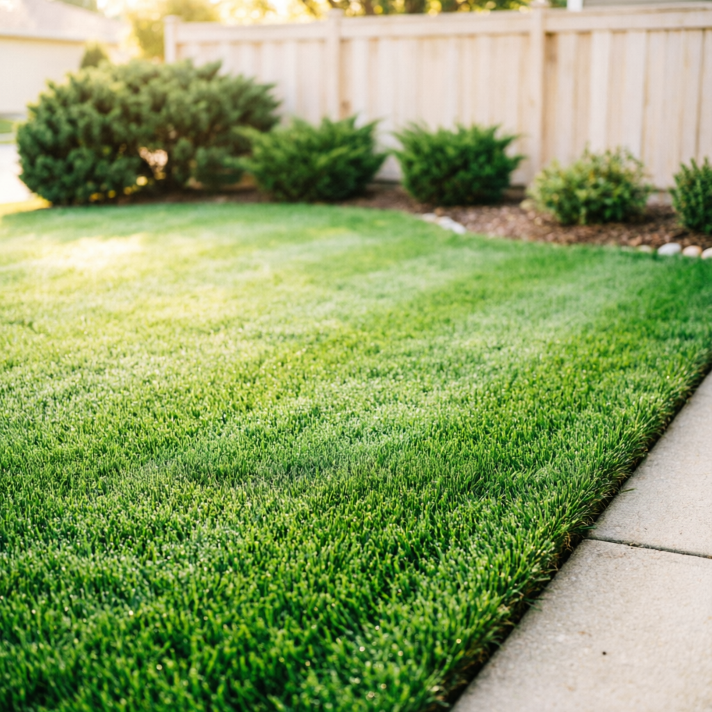 Healthy green lawn after professional dethatching service