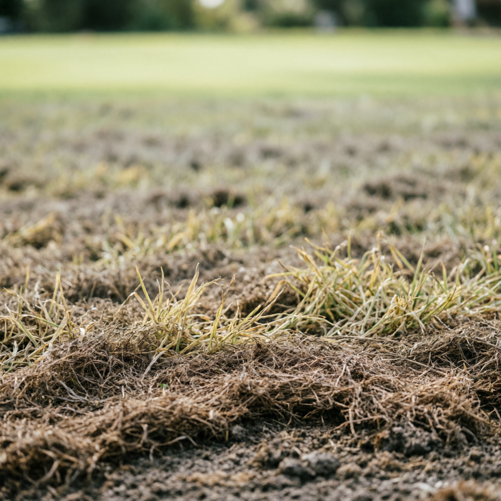 Lawn with excessive thatch buildup before dethatching