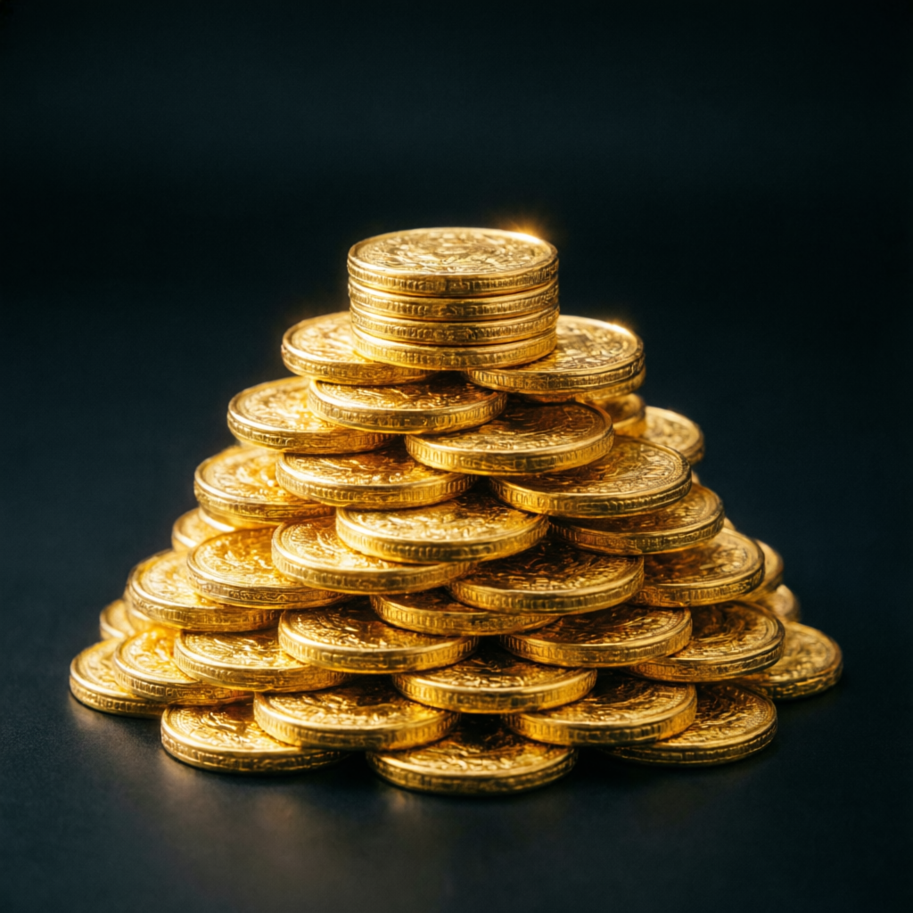 Stack of gold coins representing profit potential from funded trading accounts