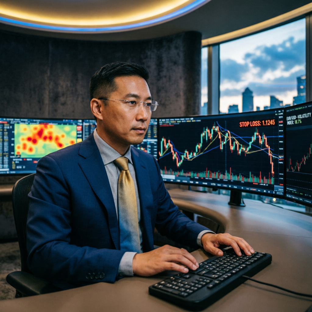 Professional trader managing risk and consistency rules on multiple trading screens